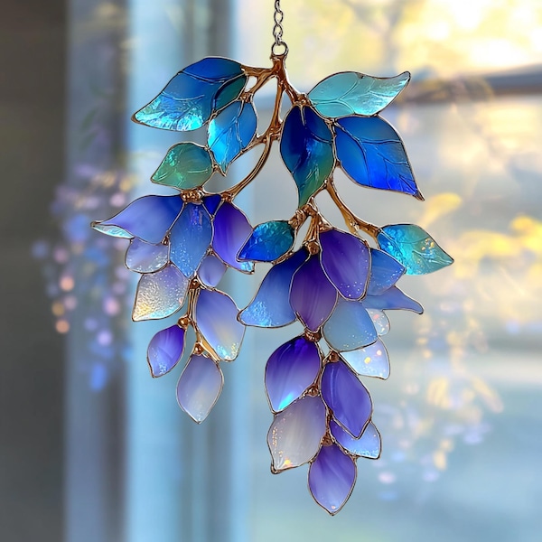 Blue Wisteria Suncatcher, Stained Glass Style, Spring Cottagecore Floral Window Hanging