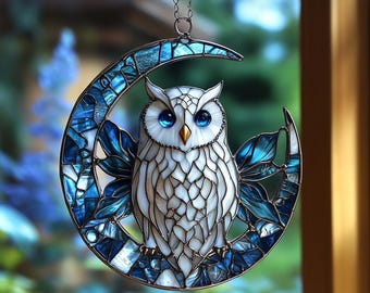 Faux Stained Glass Owl Suncatcher: Acrylic Window Hanging with Blue Crystals