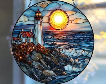 Stained Glass Lighthouse Suncatcher, Colorful Lighthouse Suncatcher, Beach Decor, Coastal Gift, Gift for Nature Lovers, Home Wall Art Decor