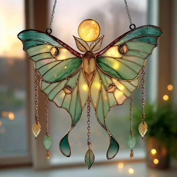 Moonlit Luna Moth Suncatcher, Faux Stained Glass Window Ornament, Witchy Boho Decor