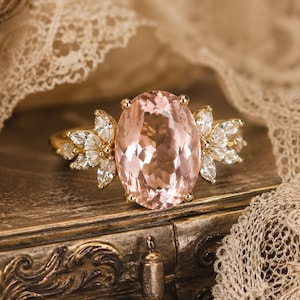 2CT Oval Cut Peach Pink Morganite Ring, 14K Yellow Gold Floral Halo Vintage Style, Diamond Accents, Stackable Engagement or Anniversary Gift