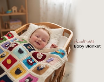 Handmade Crochet Animal Baby Blanket | Granny Square Nursery Decor