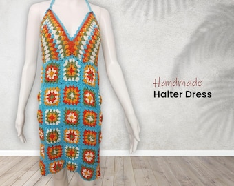 Handmade Crochet Granny Square Halter Dress | Boho Festival Clothing