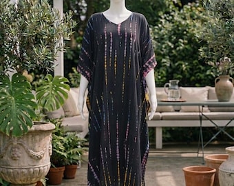Rainbow Tie Dye Rayon Kaftan: Boho Beach Cover Up, Free Size