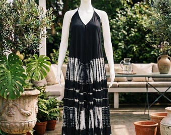 black white tie dye maxi dress Boho Black White Tie-Dye Maxi Dress Womens Summer Tank Beach Cover-Up S