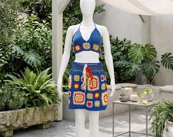 Handmade Crochet Granny Square Crop Top Skirt Set, Boho Festival Outfit