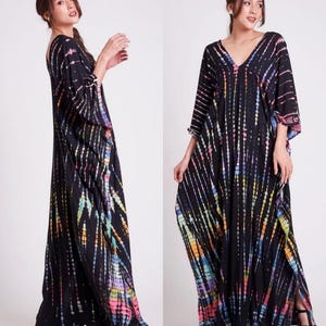 Vibrant Multicolor Tie Dye Kaftan – Boho Maxi Kaftan Dress, Free Size Rayon Loungewear, Beach Cover Up & Resort Wear