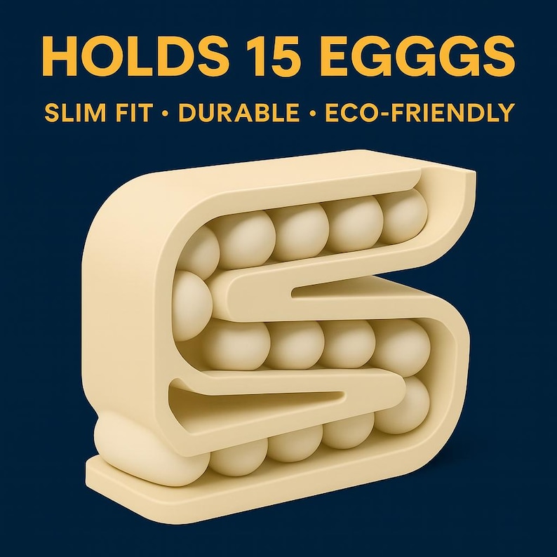 May include: A beige egg holder with the text "HOLDS 15 EGGS" in yellow. The holder is designed to hold 15 eggs and has the words "SLIM FIT &bull; DURABLE &bull; ECO-FRIENDLY" in white.