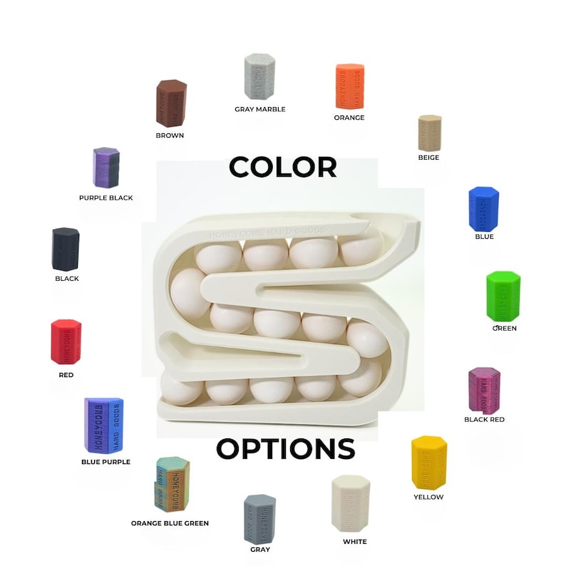 May include: A white, S-shaped egg holder filled with white eggs, surrounded by color options. The text "COLOR" and "OPTIONS" are displayed. Color options include brown, gray marble, orange, beige, purple black, black, red, blue purple, orange blue green, gray, white, yellow, blue, green, and black red.