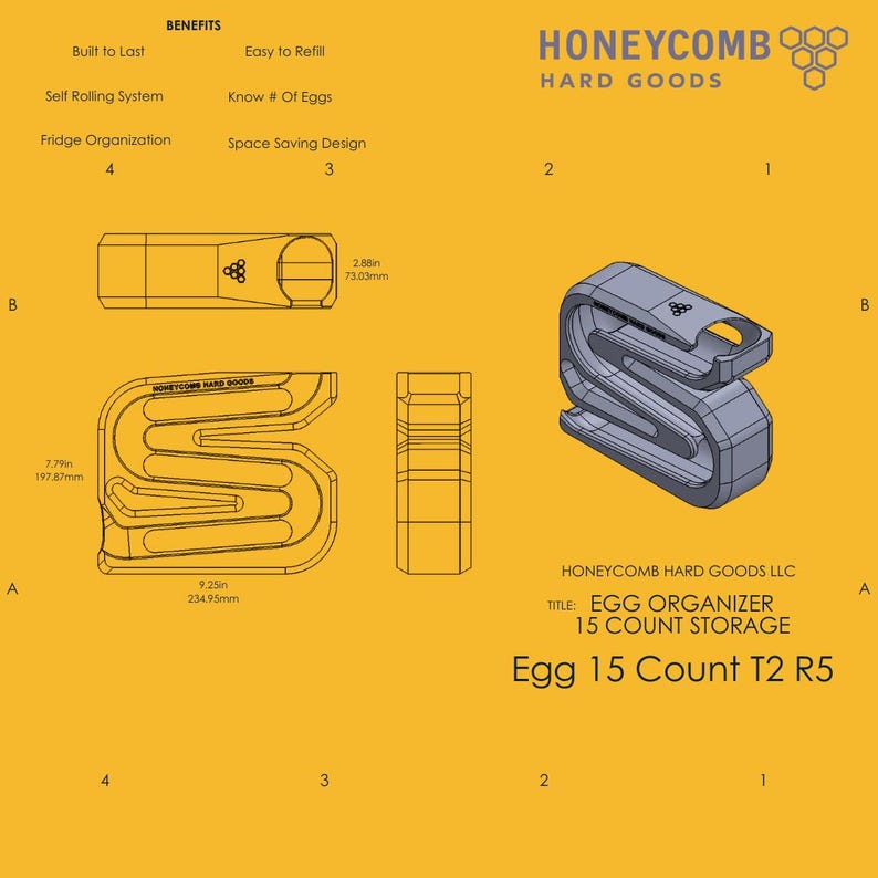 May include: An egg organizer with a capacity for 15 eggs, designed by Honeycomb Hard Goods. The image shows a 3D rendering of the organizer, along with diagrams and measurements. The organizer is designed for space-saving and easy refilling.