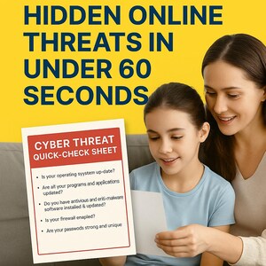 May include: Image with yellow background and text: Protect your family from hidden online threats in under 60 seconds. A woman and a girl are looking at a Cyber Threat Quick-Check Sheet.