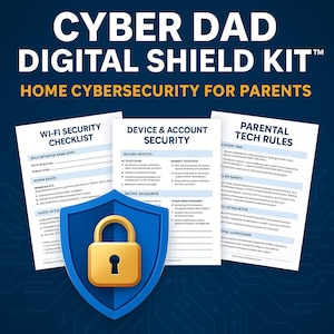 Puede incluir: Imagen del "CYBER DAD DIGITAL SHIELD KIT" con el lema "HOME CYBERSECURITY FOR PARENTS." Muestra listas de verificación y guías para la seguridad Wi-Fi, la seguridad de dispositivos y cuentas, y las reglas tecnológicas para padres, junto con un escudo azul y un candado dorado.