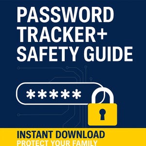 Pode incluir: Gráfico digital com as palavras "PASSWORD TRACKER + SAFETY GUIDE" em texto branco sobre um fundo azul escuro. Apresenta também um campo de senha branco com asteriscos e um cadeado amarelo. O banner inferior diz "DOWNLOAD INSTANTÂNEO PROTEJA SUA FAMÍLIA."