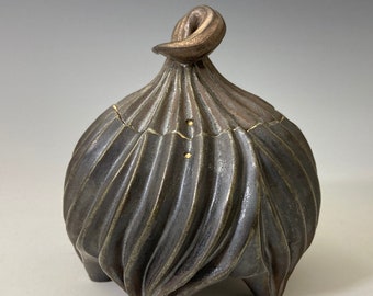 Lidded treasure box dark bronze & black glazes, gold luster, textured porcelain, handmade