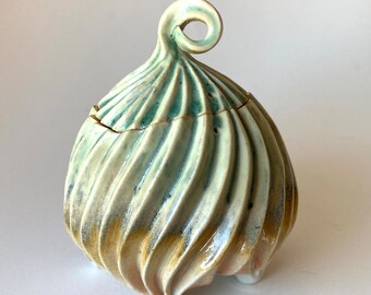 Lidded carved porcelain vessel gold luster, green, white glazes, texture, jewelry holder