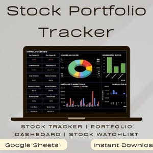 May include: A laptop screen displaying a stock portfolio tracker. The screen shows charts and graphs with financial data, including a pie chart and bar graphs. Text on the screen includes "Stock Portfolio Tracker," "Portfolio Overview," and "Google Sheets."