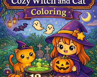 Witch and Cat Coloring Book (PDF Downloadable Set of 12)