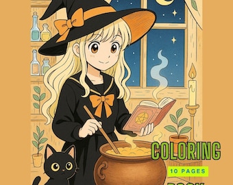 Cozy Witch Manga Coloring Pages (PDF Downloadable Set of 10)