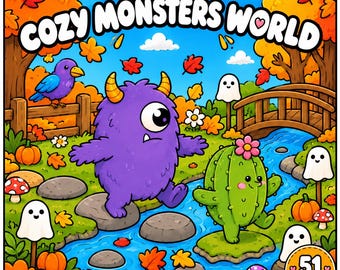 Cozy Monsters World Coloring Book | 51 Spooky Scenes, Bold Easy (12x12 PDF)