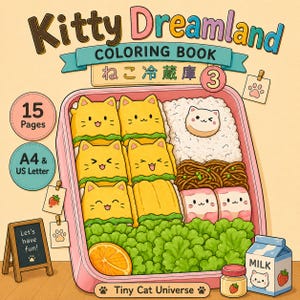 Op de afbeelding: Een Kitty Dreamland kleurboek met een bento-box illustratie met gele katvormige rijstballen, noedels en groenten. De kaft bevat de tekst Kitty Dreamland, 15 Pages, A4 & US Letter en Tiny Cat Universe.