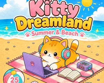Kitty Dreamland Summer and Beach Coloring Book – Kawaii Cats, Bold & Easy (25 Pages)
