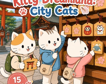 Kitty Dreamland city Cats Coloring Book – Japanese Kawaii Cats, Bold & Easy (15 Pages)
