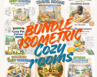 Bundle Isometric Cozy Corners Coloring Book– Hygge Interior, Home Printable (150 Pages PDF)