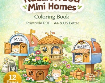 Whimsical Cat Mini Homes Coloring Book – 12 Kawaii Designs, Bold & Easy (PDF Pattern)