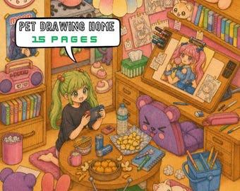 Kawaii Coloring Book | Korean Convenience Home | 12x12 Printable PDF  | Pet drawing home