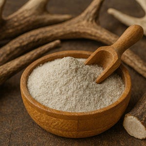 May include: A wooden bowl filled with a light-colored powder, with a small wooden scoop resting inside. The bowl is surrounded by several large, brown antlers. The scene is set on a dark, textured surface.