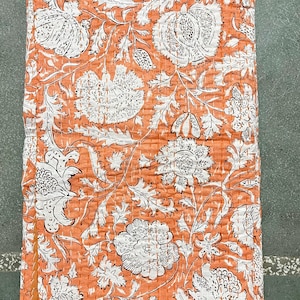 Orange Floral Kantha Quilt: Queen Size Indian Cotton Bedspread