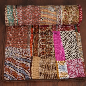 Handgjord Kantha-filt i siden, boho, etnisk tribal