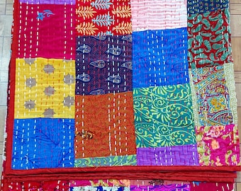 Handmade Silk Patchwork Kantha Quilt: Bohemian King Size Bedspread