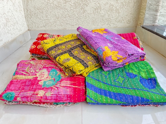 Vintage Kantha Throw Blanket: Handmade Reversible Cotton Quilt