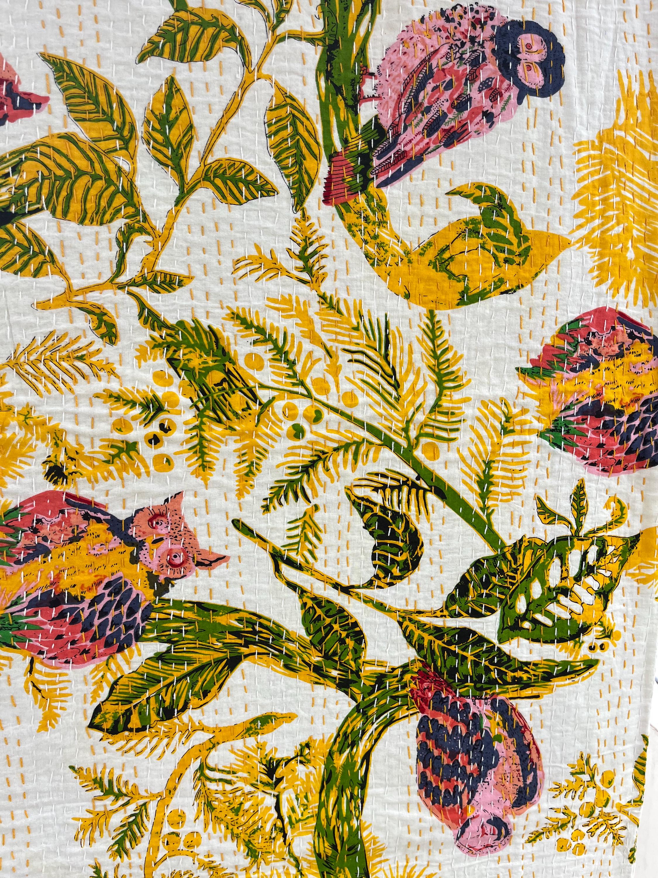 Hand Block Owl Print Kantha Quilt: Indian Cotton Queen Bedspread