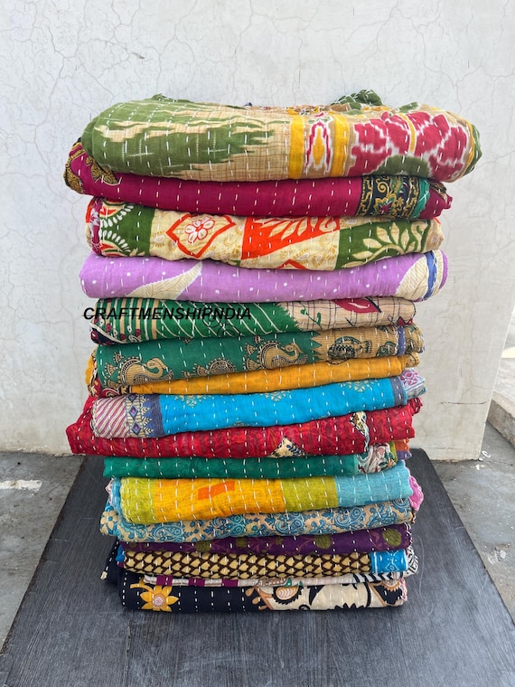 Reversible Kantha Throw Blanket: Vintage Recycled Cotton Quilt, Twin Size