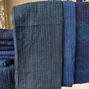 Handmade Indigo Kantha Quilt: Vintage Sari Cotton Throw (55x85 Inches)