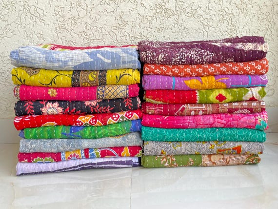 Vintage Kantha Throw Blanket: Handmade Reversible Cotton Quilt