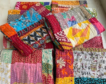 Handmade Patchwork Cotton Kantha Quilt: Boho Hippie Bedspread