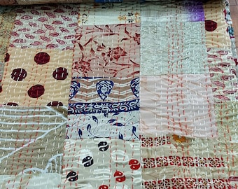 Handmade Silk Patchwork Kantha Quilt: Bohemian King Size Bedspread