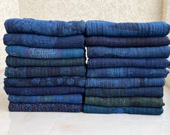 Edredón Kantha teñido a mano en azul marino sólido índigo, edredón Kantha de algodón puro, cubrecama teñido a mano natural, colcha Kantha bohemia