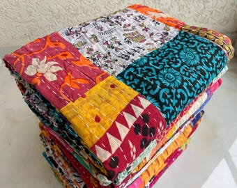 Vintage Patchwork Kantha Throw Blanket: Handmade Recycled Cotton Twin Size