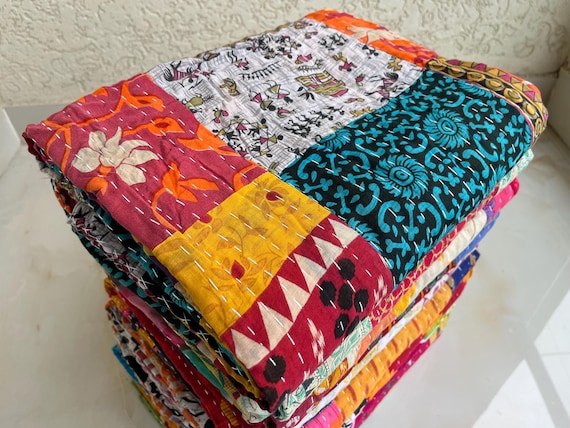 Vintage Patchwork Kantha Throw Blanket: Handmade Recycled Cotton Twin Size
