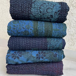 Handmade Indigo Cotton Kantha Quilt: Indian Bedspread Throw