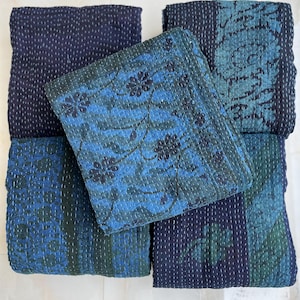Hand-Dyed Indigo Kantha Quilt: Vintage Bohemian Cotton Throw