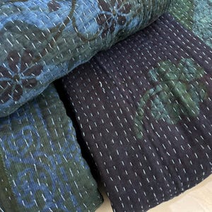 Natural Indigo Kantha Quilt- Hand-Dyed Vintage Cotton Throw-Reversible Boho Quilt-Handmade Indian Blanket-Eco-Friendly Bedding-Blue Kantha