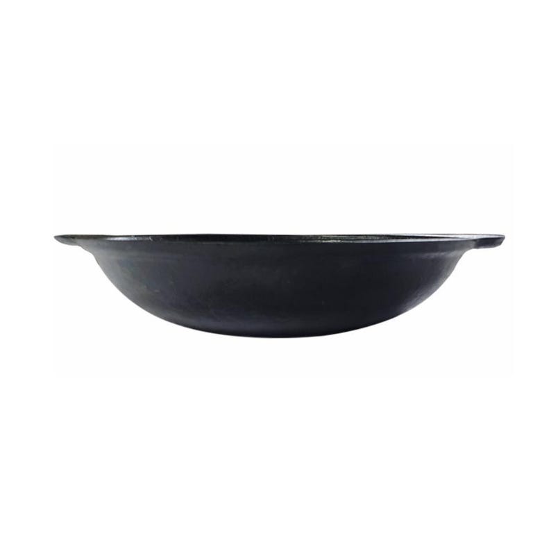 May include: A black, cast iron wok with a wide, shallow bowl and gently curved sides. The wok has a flat bottom and two small handles on either side. This cooking vessel is designed for stir-frying and other high-heat cooking methods.