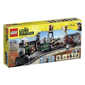May include: A LEGO The Lone Ranger Constitution Train Chase set. The box features a detailed model train with a green and black locomotive, passenger cars, and miniature figures. The set includes 699 pieces and is for ages 8-14.