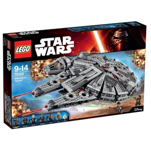 Puede incluir: Un set LEGO Star Wars Millennium Falcon. La caja presenta la nave espacial en gris y negro, con disparos láser rojos. El logotipo de LEGO y la marca Star Wars son prominentes. Incluye figuras en miniatura.