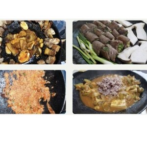 May include: A collage of four Korean dishes. Top left: grilled meat and vegetables. Top right: rolled food with green onions and mushrooms. Bottom left: fried rice. Bottom right: stew with tofu and meat.